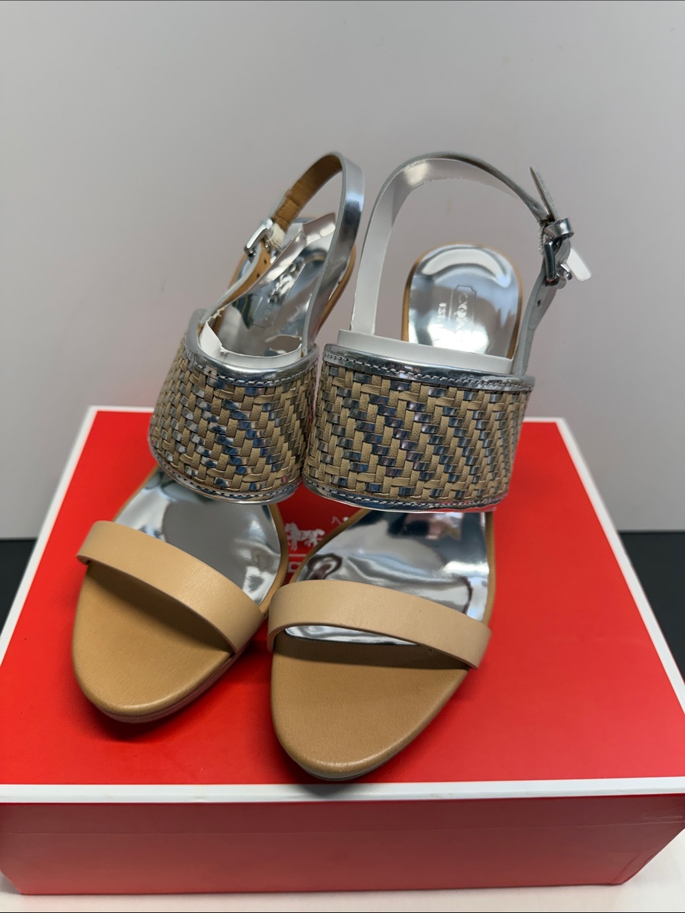 Woven Leather & Metallic Slingback Heel Sandals in Tan and Silver